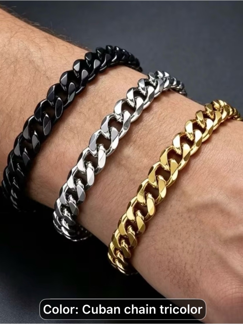 3PCS Men Tricolor Cuban Link Bracelet - Gold,Silver toned ,Black